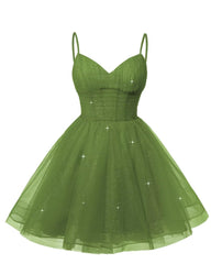 Womens V Neck Tulle Spaghetti Straps Olive Green Homecoming Dresses with Corset Back Short Prom Gowns for Teens