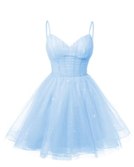 Womens V Neck Tulle Spaghetti Straps Sky Blue Homecoming Dresses with Corset Back Short Prom Gowns for Teens