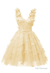 Yellow 3D Butterfly Lace Applique Tulle Homecoming Dress for Teens Sweetheart Mini Short Prom Dresses