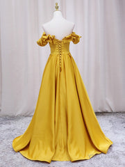 Yellow A-line Satin Long Prom Dress, Yellow Formal Dress