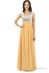 Yellow Chiffon Silver Sequins V-neck Backless Bridesmaid Dresses