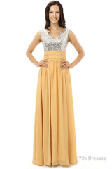 Yellow Chiffon Silver Sequins V-neck Backless Bridesmaid Dresses