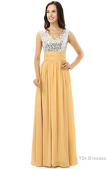 Yellow Chiffon Silver Sequins V-neck Backless Bridesmaid Dresses