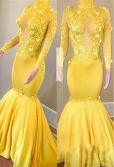 Yellow High Neck Flower Appliques Mermaid Long Sleevess Prom Dresses