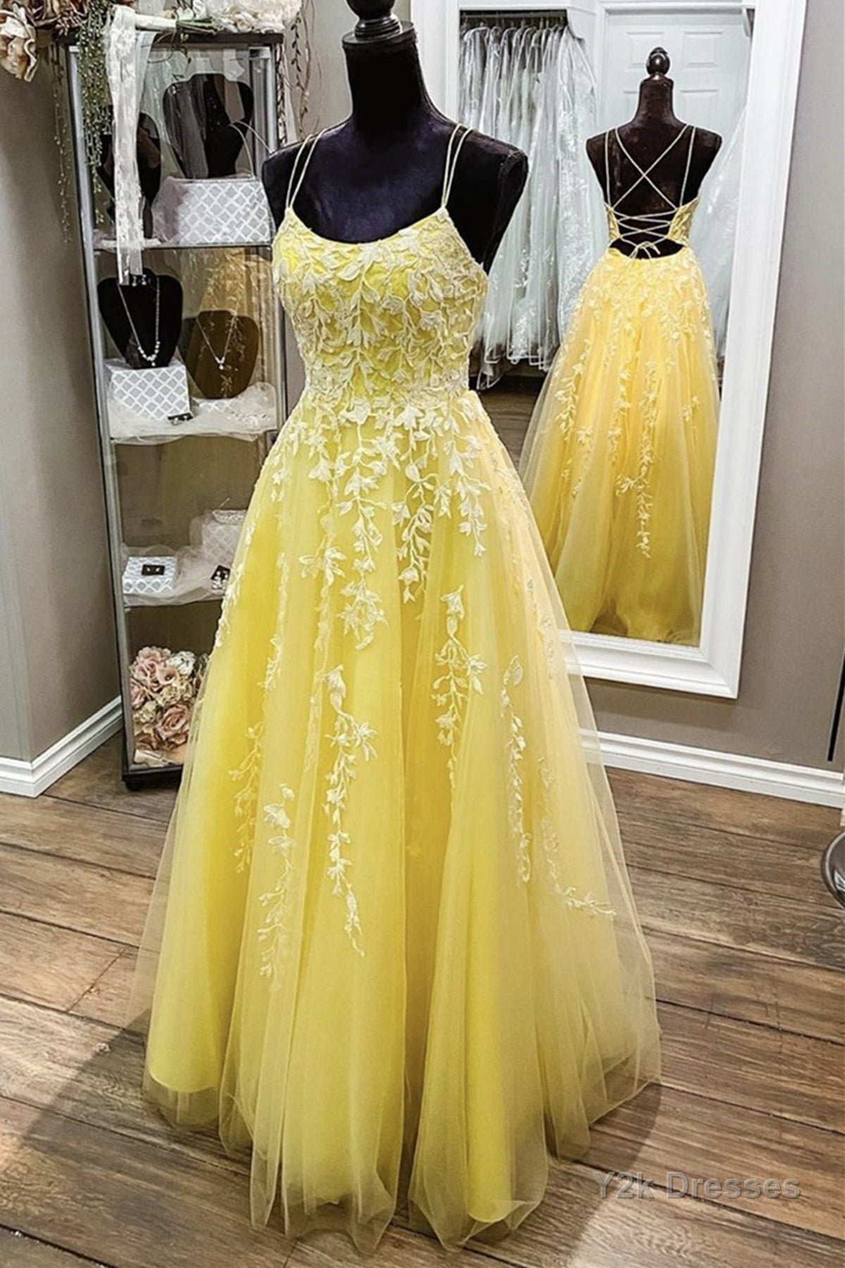 Yellow Lace Backless A Line Long Prom Dress Open Back Formal Dress Yellow Evening Dress