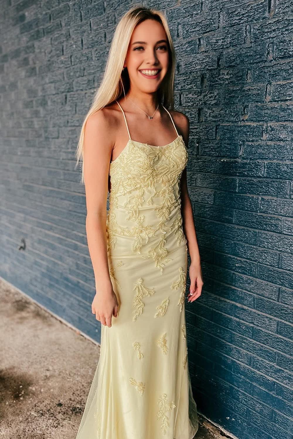 Yellow Lace-Up Mermaid Prom Dress with Appliques