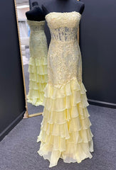 Yellow Long Prom Dresses with Lace Top and Chiffon Ruffle Skirt