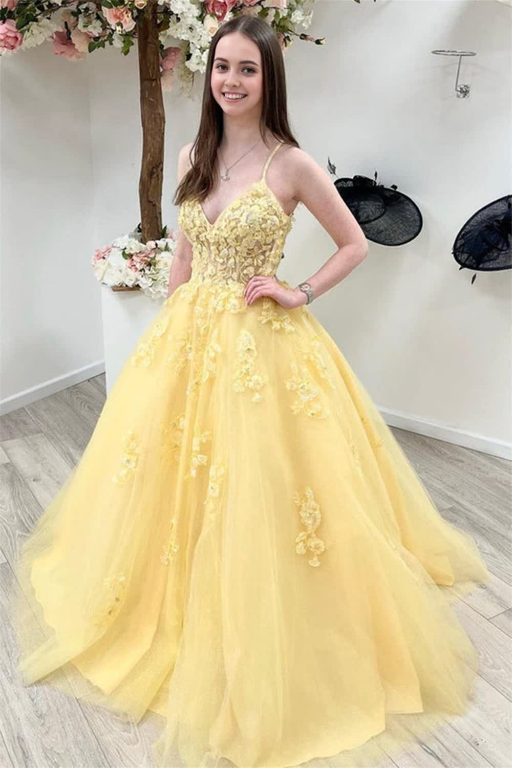 Yellow Spaghetti Straps Prom Gown