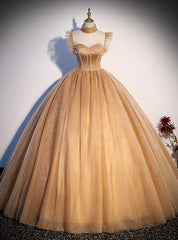 Yellow Tulle Beading See Through Neck Quinceanera Dress