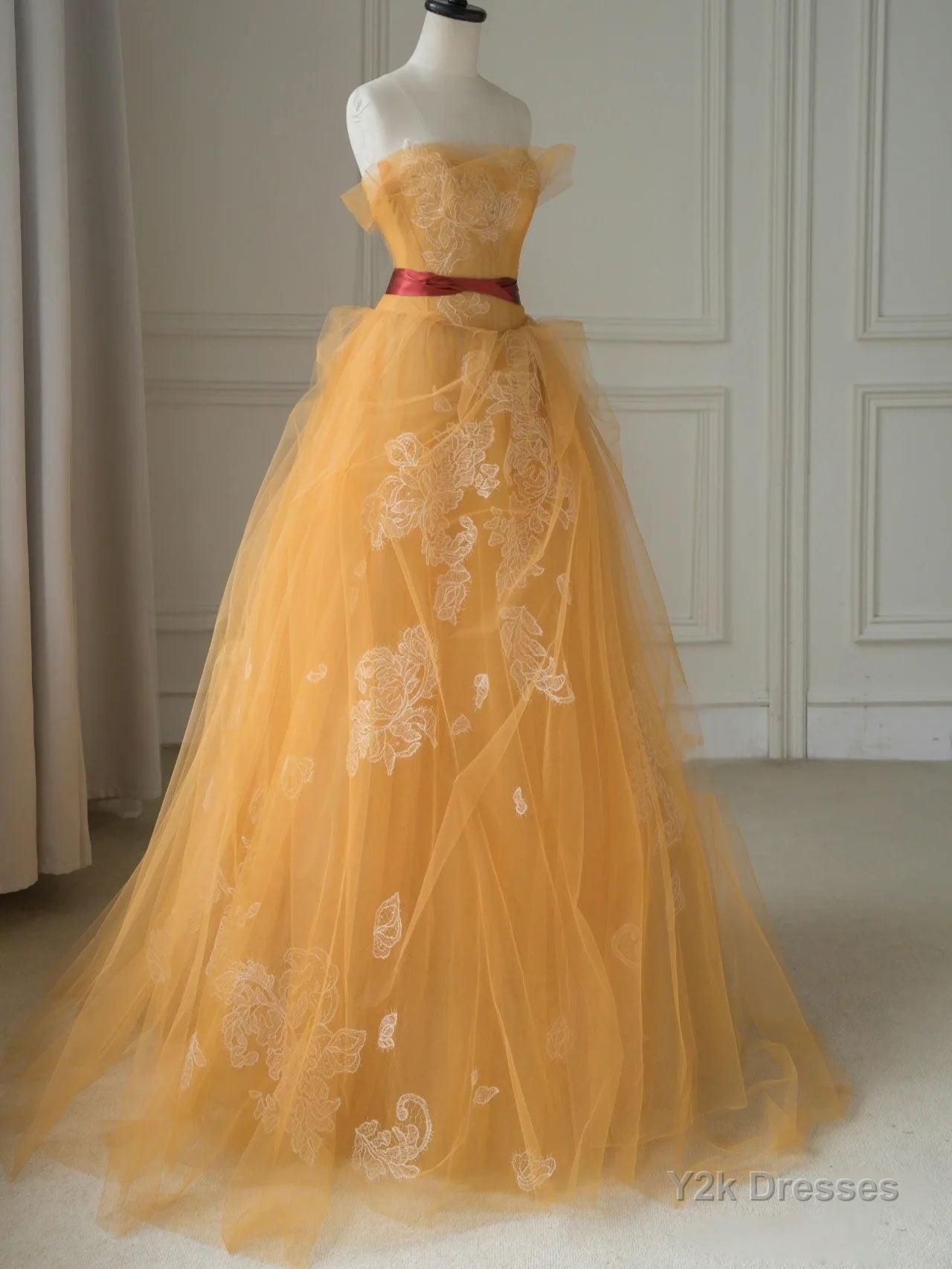 Yellow tulle lace long prom dress, yellow tulle formal dress