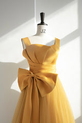 Yellow Tulle Long A-Line Prom Dress, Cute Evening Dress with Bow