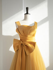 Yellow Tulle Long Party Dress with Bow, Yellow Prom Dress Evening Gown