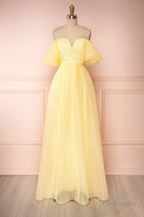 Yellow tulle off shoulder long prom dress yellow formal dress