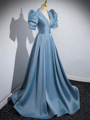 Blue Floor Length V-Neck Satin Prom Dress, Simple A-Line Evening Dress