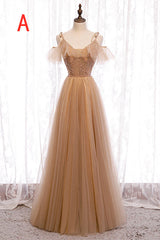 A-Line Beaded Champagne Tulle Bridesmaid Dress