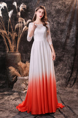 A Line 3/4 Sleeve Ombre Silk Like Satin Sweep Train Prom Dresses