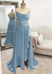 A Line Bateau Spaghetti Straps Long Floor Length Satin Prom Dress With Pleated Split