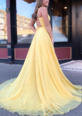 A Line Bateau Spaghetti Straps Sweep Train Chiffon Prom Dress