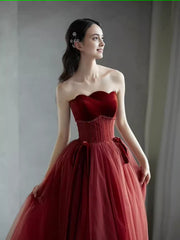 A line Burgundy Strapless Prom Dresses Evening Dress