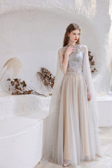 A Line High Neck Sleeveless Beading Tulle Floor Length Prom Dresses