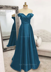 A Line Off The Shoulder Sleeveless Long Floor Length Satin Prom Dress With Pleated