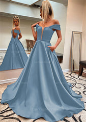 A Line Off The Shoulder Sleeveless Satin Sweep Train Prom Dress With Pockets