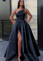 A Line One Shoulder Long Floor Length Satin Prom Dress With Pockets Waistband Split