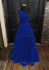 A Line One Shoulder Sleeveless Long Floor Length Sequined Prom Dress With Pockets