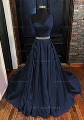 A Line One Shoulder Sleeveless Satin Long Floor Length Prom Dress With Beading Pleated