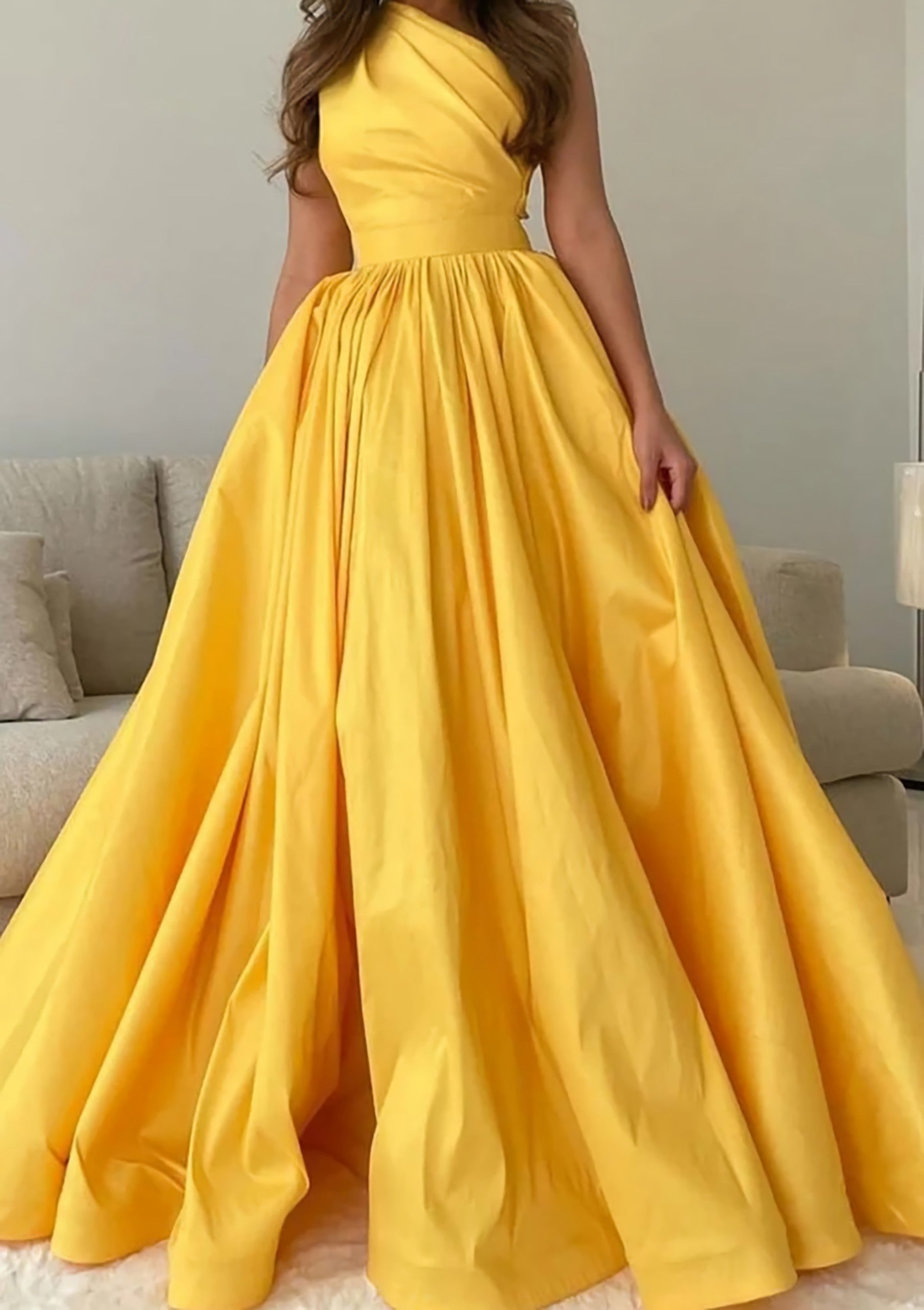 A Line One Shoulder Sleeveless Sweep Train Satin Prom Dress With Pleated