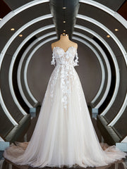 A-Line/Princess Off-the-Shoulder Chapel Train Tulle Wedding Dresses with Appliques Lace