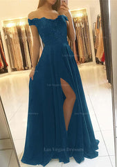 A Line Princess Off The Shoulder Sleeveless Long Floor Length Chiffon Prom Dress With Beading Split