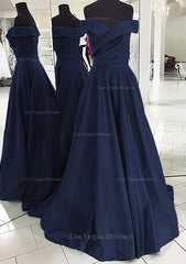 A Line Princess Off The Shoulder Sleeveless Sweep Train Satin Prom Dress