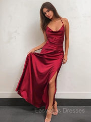 A-Line/Princess Spaghetti Straps Floor-Length NS Elastic Woven Satin Prom Dresses With Leg Slit