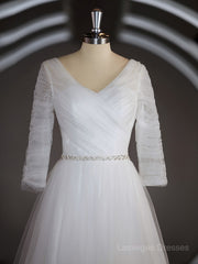 A-Line/Princess Sweetheart Sweep Train Tulle Wedding Dresses with Ruffles