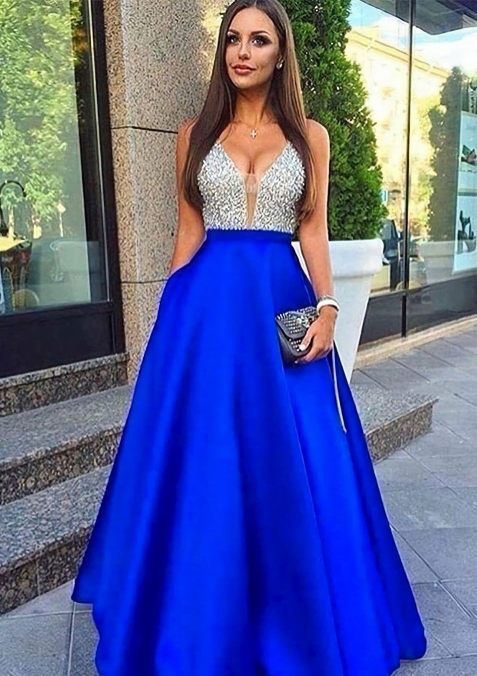 A Line Princess V Neck Sleeveless Long Floor Length Satin Prom Dresses With Sequins