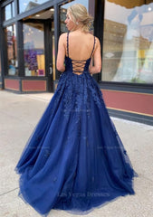 A Line Princess V Neck Sweep Train Lace Prom Dresses