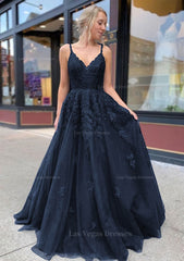 A Line Princess V Neck Sweep Train Lace Prom Dresses