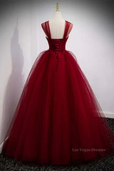 A Line Spaghetti Straps Beaded Burgundy Tulle Long Prom Dresses, Long Burgundy Formal Evening Dresses