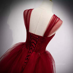 A Line Spaghetti Straps Beaded Burgundy Tulle Long Prom Dresses, Long Burgundy Formal Evening Dresses