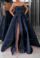 A Line Square Neckline Long Floor Length Satin Prom Dress With Pockets Split