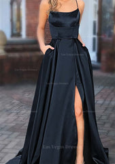 A Line Square Neckline Spaghetti Straps Sweep Train Charmeuse Prom Dress With Pockets Split