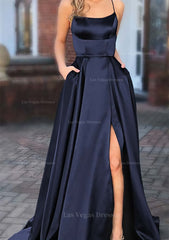 A Line Square Neckline Spaghetti Straps Sweep Train Charmeuse Prom Dress With Pockets Split