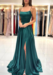 A Line Square Neckline Spaghetti Straps Sweep Train Charmeuse Prom Dress With Split