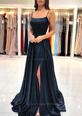 A Line Square Neckline Spaghetti Straps Sweep Train Charmeuse Prom Dress With Split