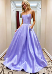 A Line Square Neckline Spaghetti Straps Sweep Train Satin Prom Dress With Beading Pockets