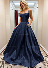 A Line Square Neckline Spaghetti Straps Sweep Train Satin Prom Dress With Beading Pockets