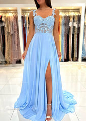 A Line Sweetheart Sleeveless Sweep Train Chiffon Prom Dress With Appliqued Split