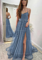 A Line Sweetheart Spaghetti Straps Sweep Train Tulle Prom Dress With Appliqued Split