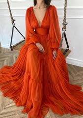 A Line V Neck Full Long Sleeve Long Floor Length Chiffon Prom Dress With Pleated